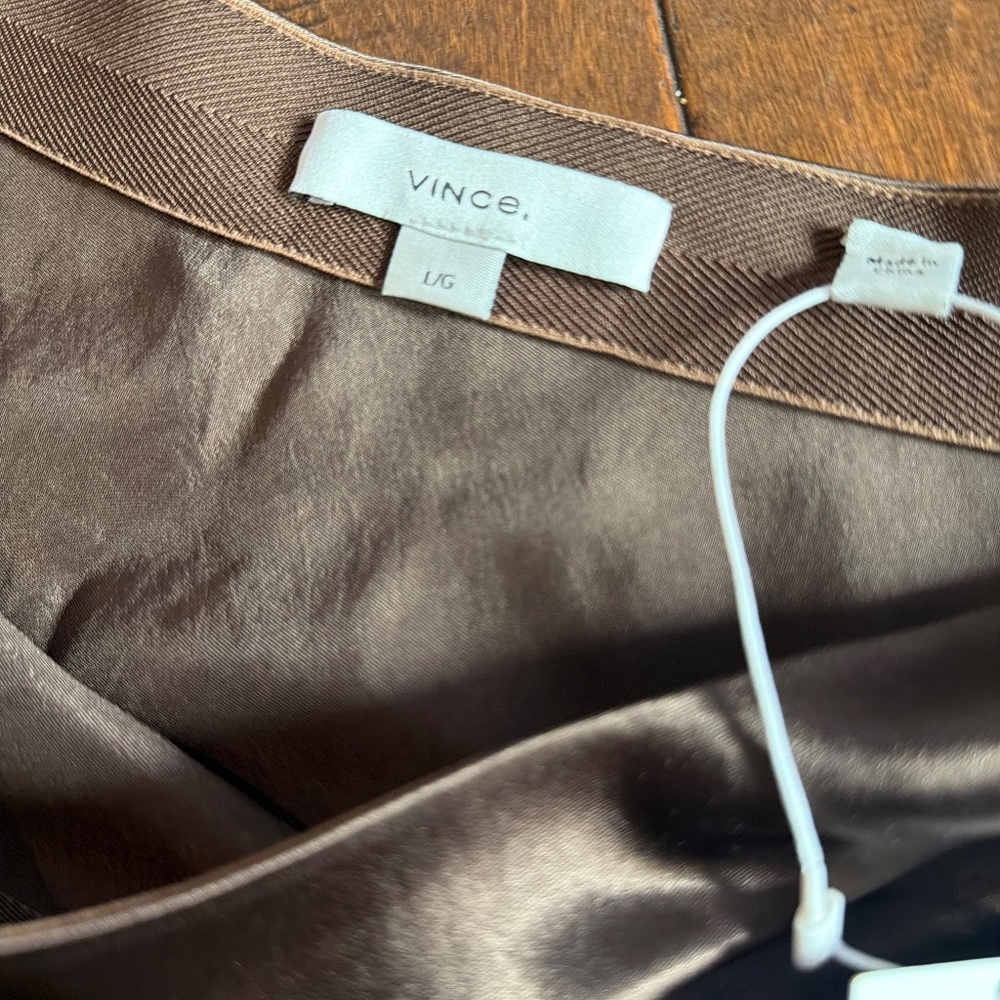 Vince NWT L satin bronze with gold and olive romantic mini slip skirt silk - Picture 4 of 6